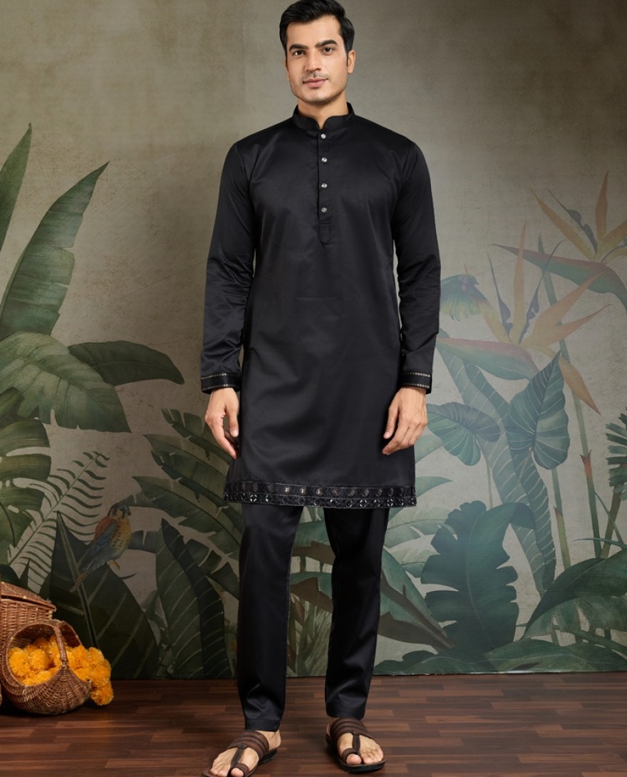 61101-black - Elegant Black Embellished Kurta Set for Men